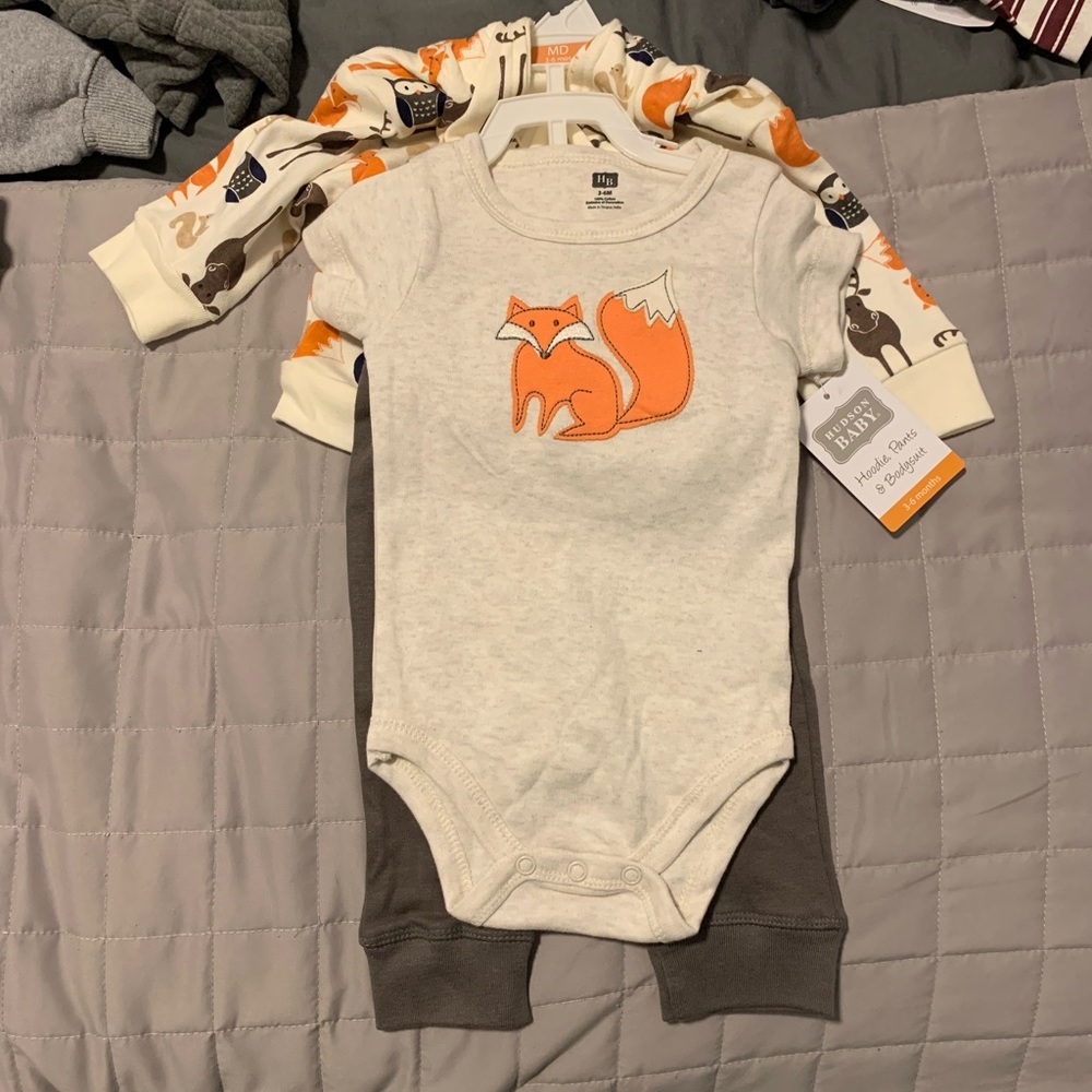 Fox Themed Hudson Baby Unisex Baby Cotton Hoodie, Bodysuit and Pant Set